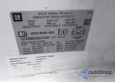 2016 GMC Sierra 1500 Sle from USA, damaged, VIN 1GTV2MEC9GZ412434